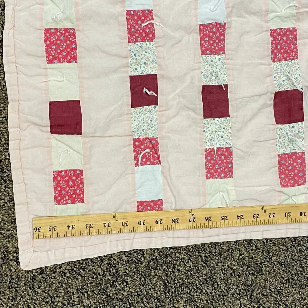 Vintage Handmade Pink Patchwork Baby Quilt Cozy Cottagecore Girl Nursery Blanket